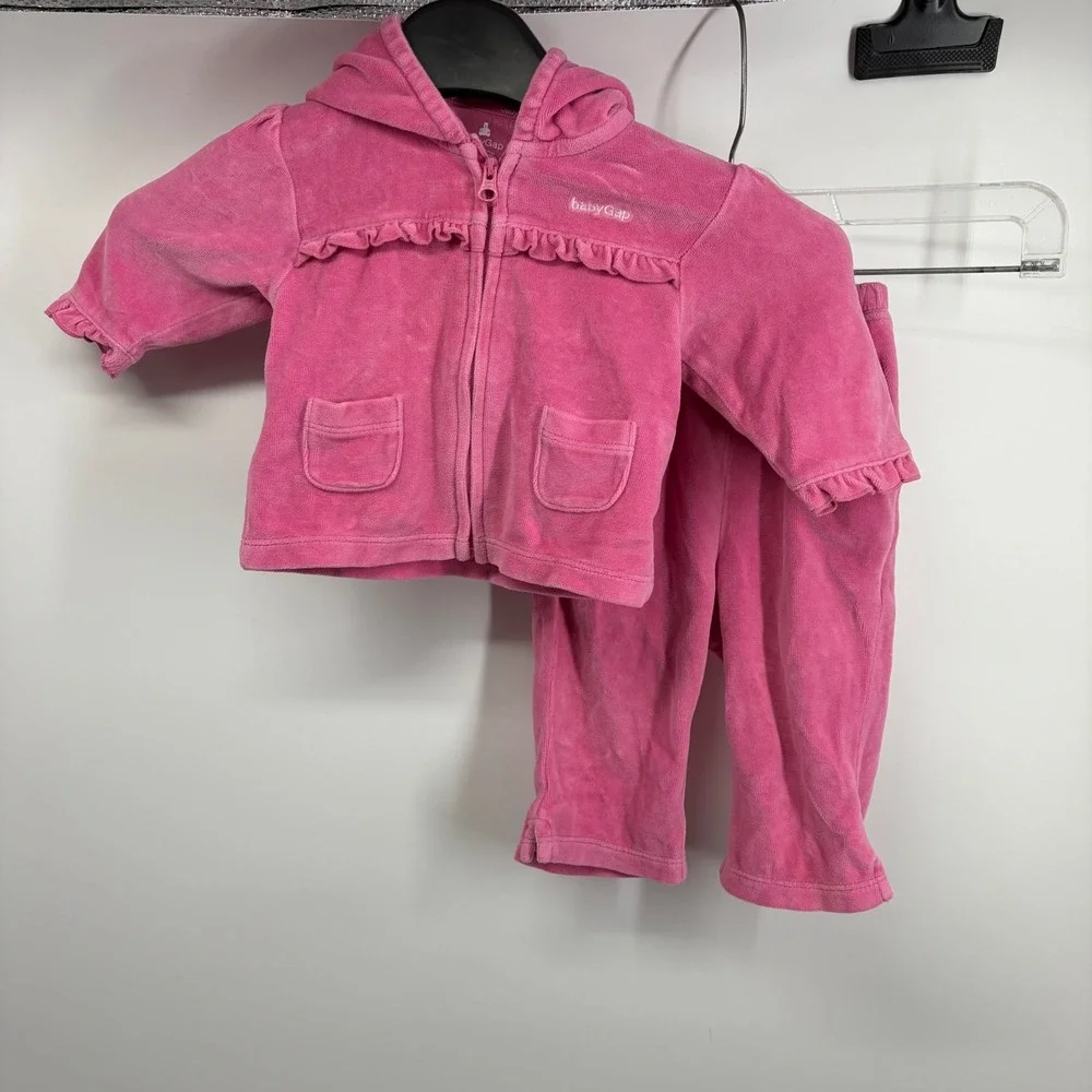 Vintage Y2K Baby Gap Pink Velour Tracksuit Set McBling Coquette Ruffle Hoodie